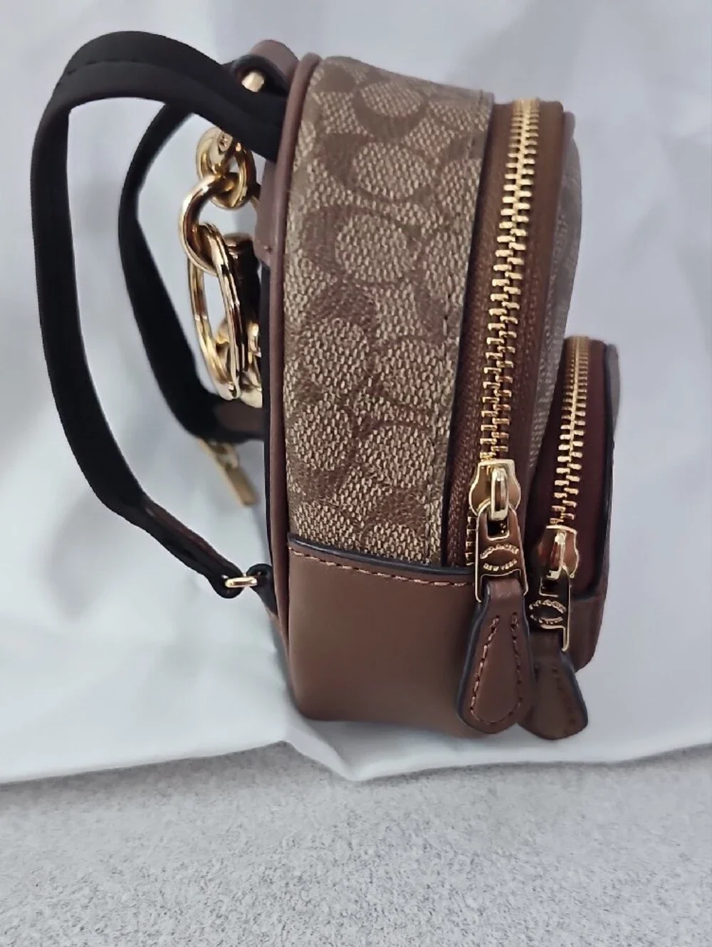 COACH Brown Signature Mini Backpack Keychain Pouch with Gold Hardware